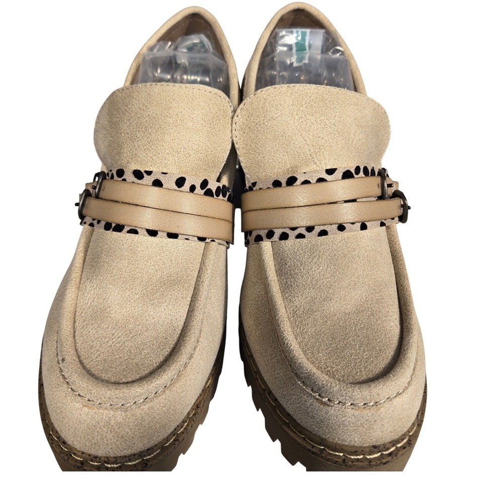 Beige Chunky Lug Sole Loafers Leopard Print Buckle‎ Strap Platform Shoes Womens